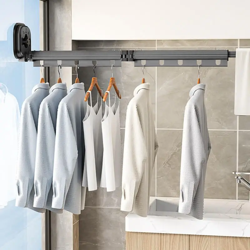 Zusammenklappbarer KleiderbüGel für Höhle Innenbereich, einziehbarer Stoff-Wäscheständer, platzsparend, für Zuhause, Wäscheleine, Wandhalterung, Verstärker, Kleiderständer