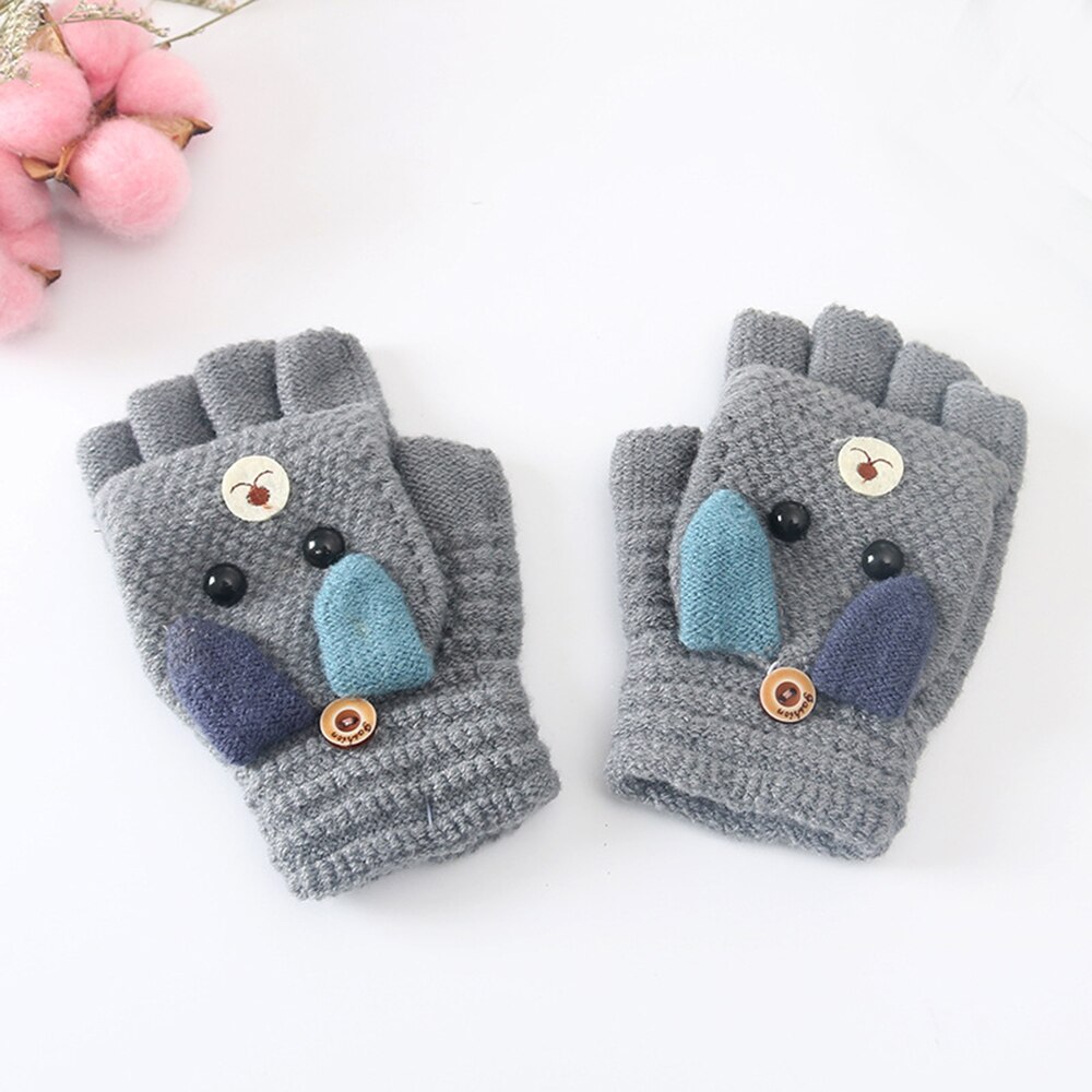 Guantes de algodón para niños de 4 a 12 años, manoplas con tapa y dibujos animados, para mantener el calor, para la escuela primaria, escritura, estudio, navidad: Gris