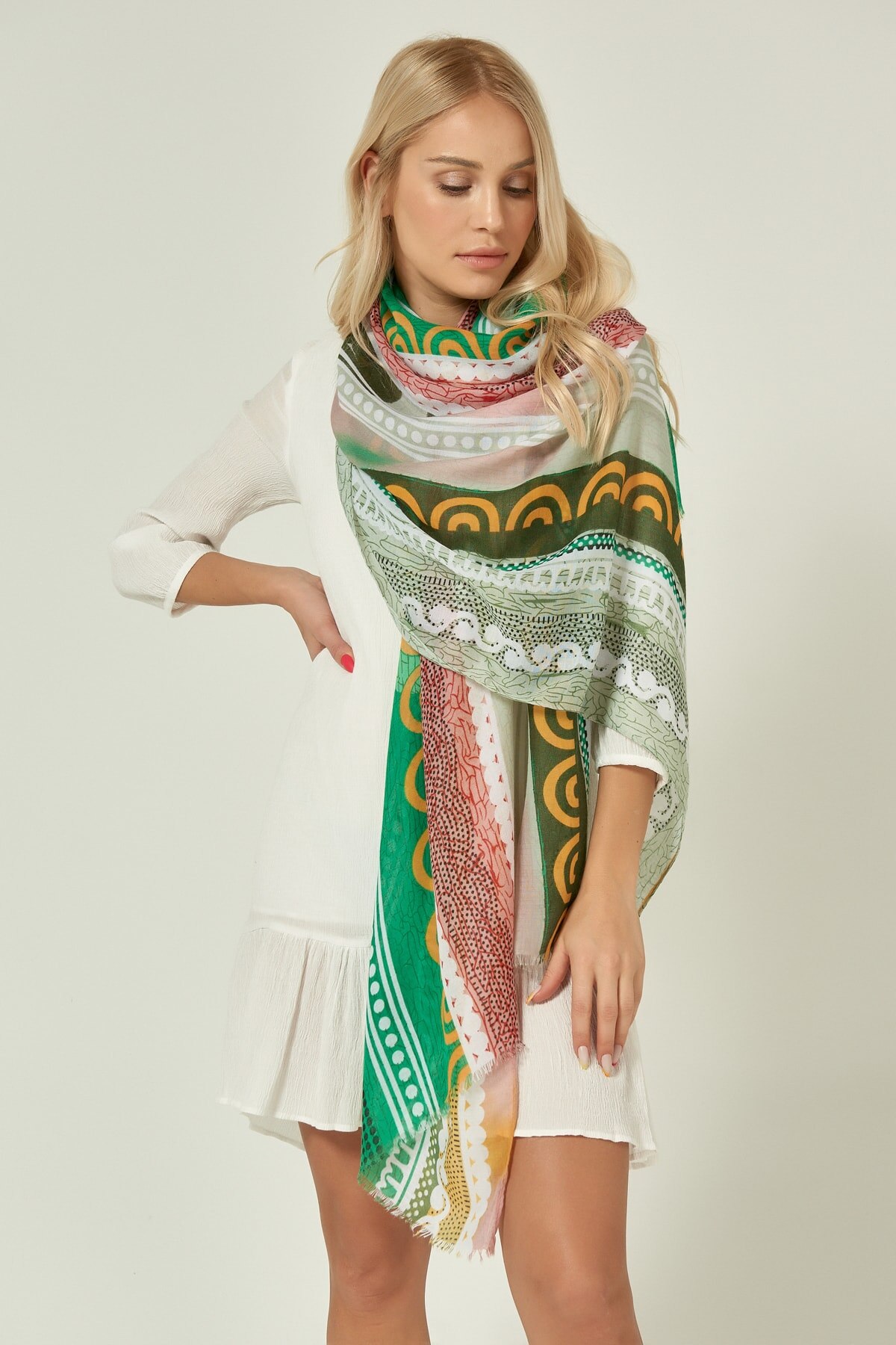 Chal verde con patrón étnico para mujer, ropa de , , verde y blanco, novedad de verano