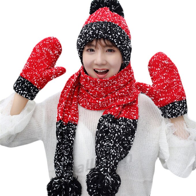 Conjunto de 3 piezas de gorros, bufandas y guantes de invierno para mujer, accesorios de invierno de punto grueso para niña, conjuntos de gorros, bufandas y guantes para mujer.: Rojo 3 piezas