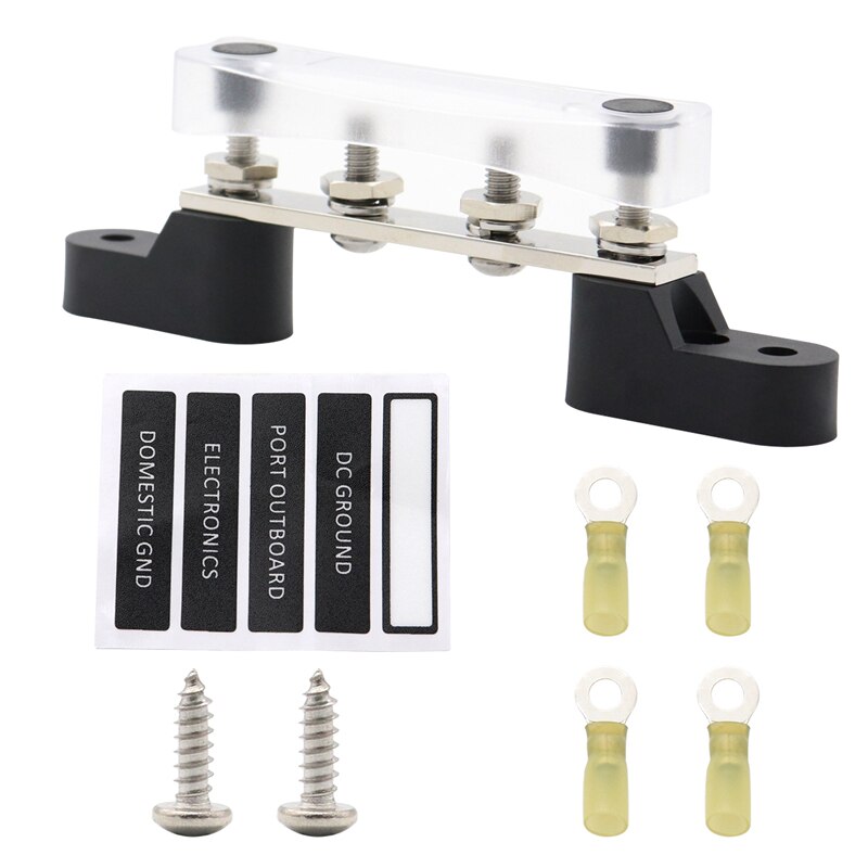 4 Position Copper Busbar Terminal 100A Straight Negative DC 48V With Transparent Cover With Sticker + Heat Shrinkable Terminal