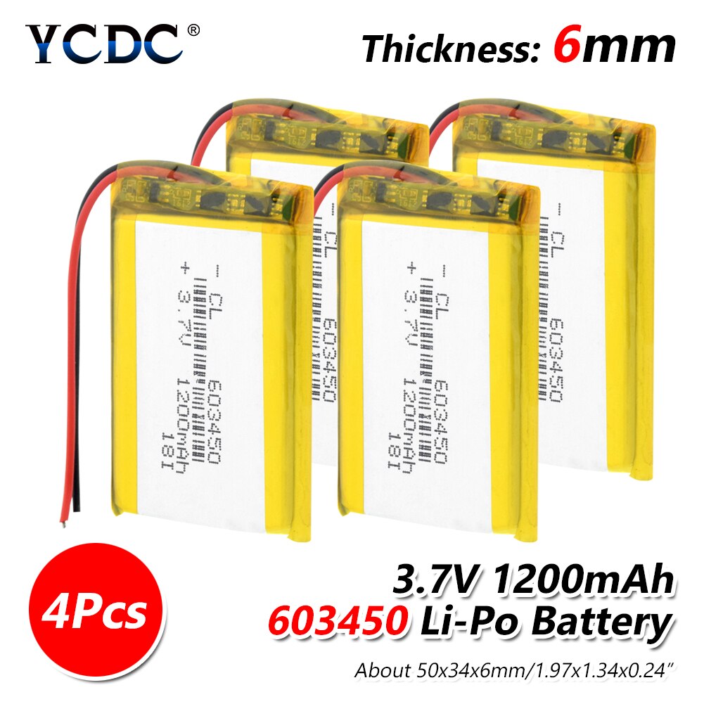 Rechargeable 3.7V 1200mAh 603450 Battery li-ion Lipo cells Lithium Li-Po Polymer Battery For MP3 MP4 GPS DVD LED Light Camera: 4 Pcs