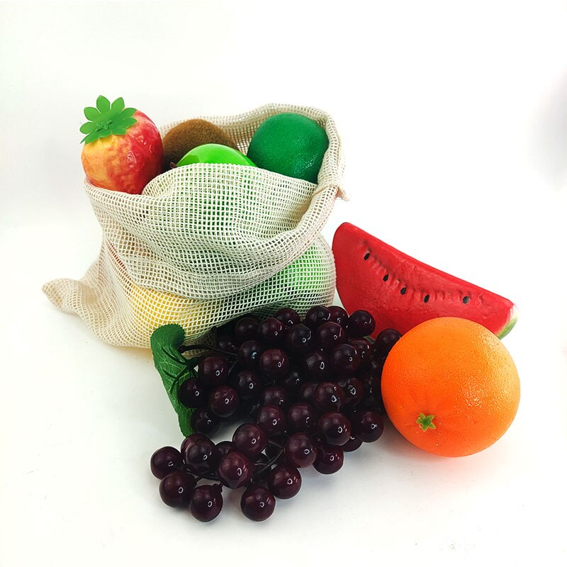 4 Stuks Katoenen Mesh Groente Zakken Produceren Tas Herbruikbare Katoenen Mesh Groente Opbergtas Keuken Fruit Groente Met Koord