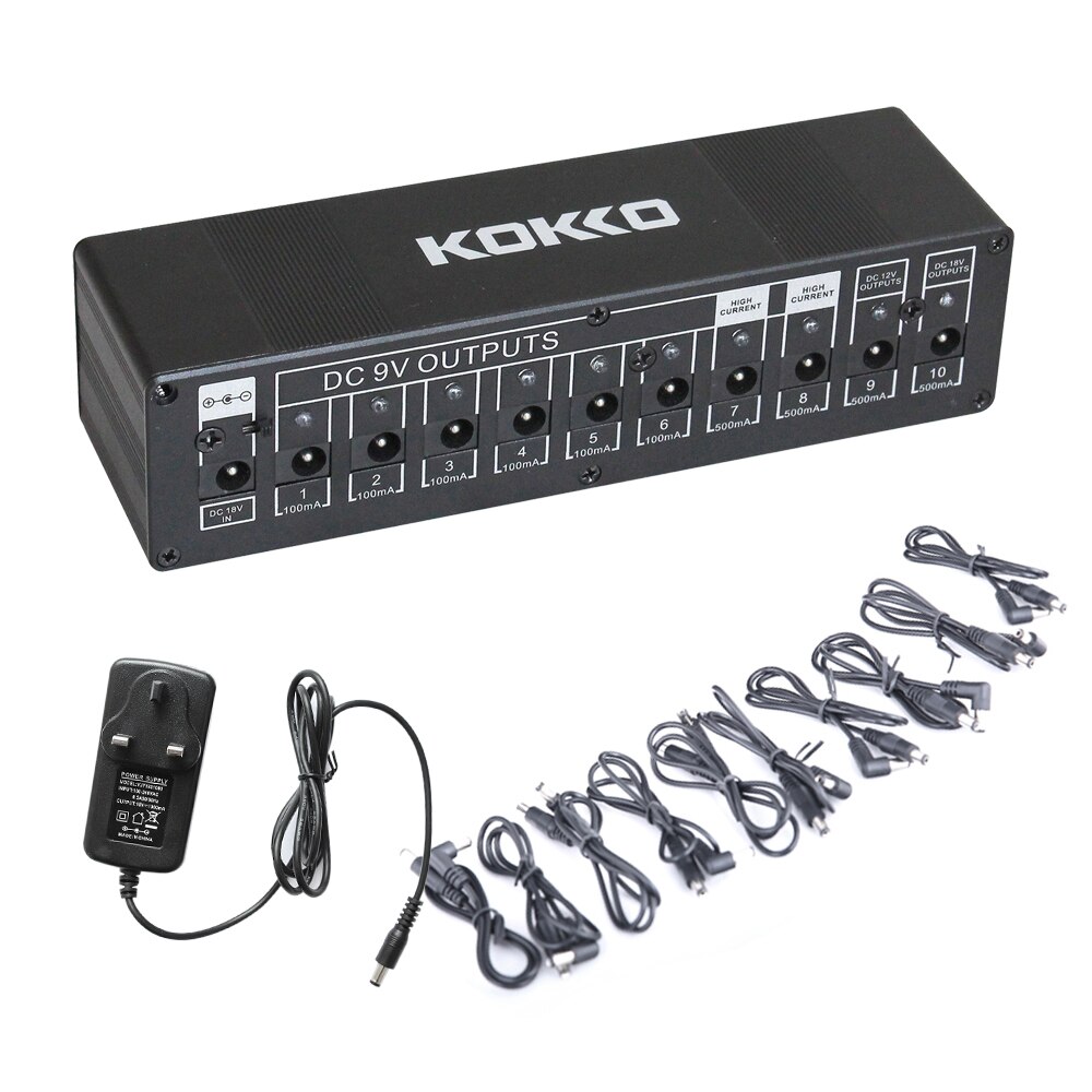 KOKKO Portable guitare effet pédale compresseur Booster distorsion Overdrive 9V 1A adaptateur 5 voies câble 10 voies pédale alimentation: UK PLUG