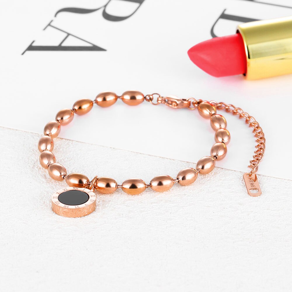 Lokaer chiffres romains acier inoxydable Bracelets pour femme accessoires perles chaîne breloque noir acrylique bijoux B17098