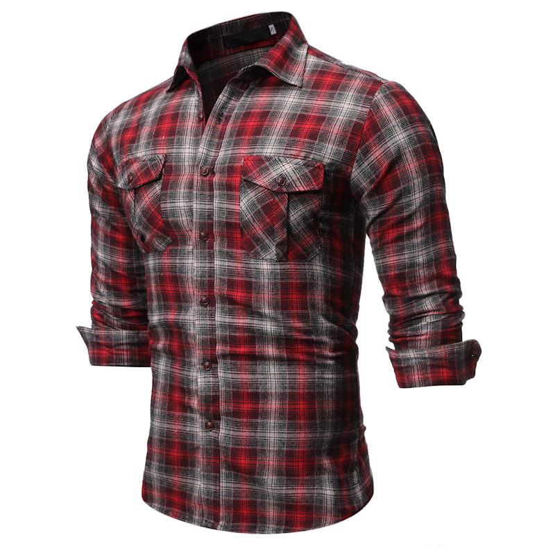 Dobbelt lomme langærmet herre skjorte afslappet plaid skjorte til mænd revers bluse mand over størrelse mørk rød: S