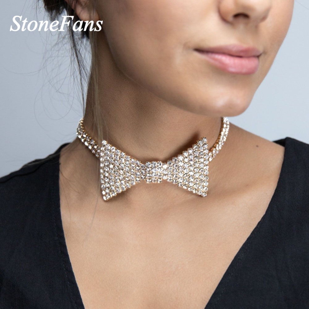 Luxe Strass Strikje Goud Bridal Choker Ketting voor Vrouwen Bruiloft Sexy Crystal Kraag Ketting Mode-sieraden Payty