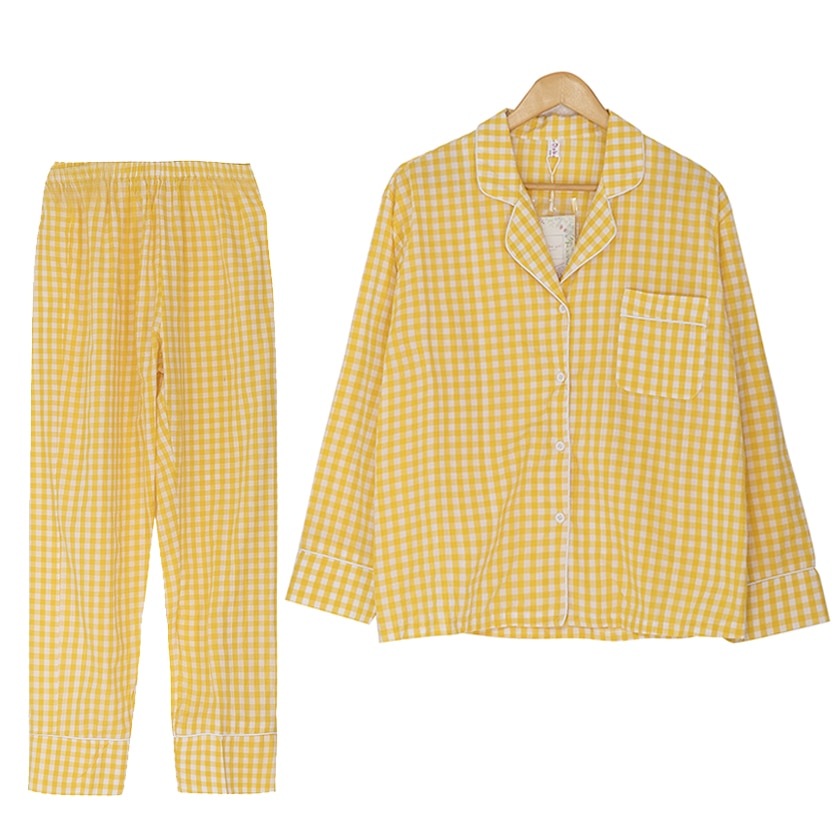 Kvinner pyjamas dress rutete gul rød svart 2 stk sett langermet topp + bukser elastisk midje kant pyjamas  s7 n 102