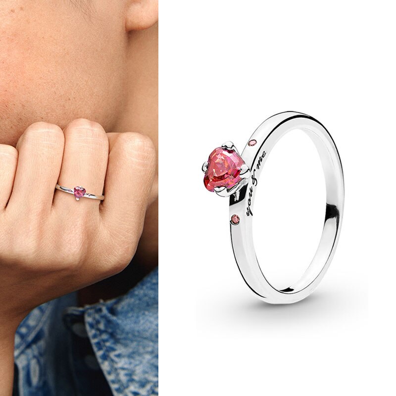 100% 925 кольцо Silver Pan Ring Rose Red Heart Pan Ring For Women Wedding Party Jewelry