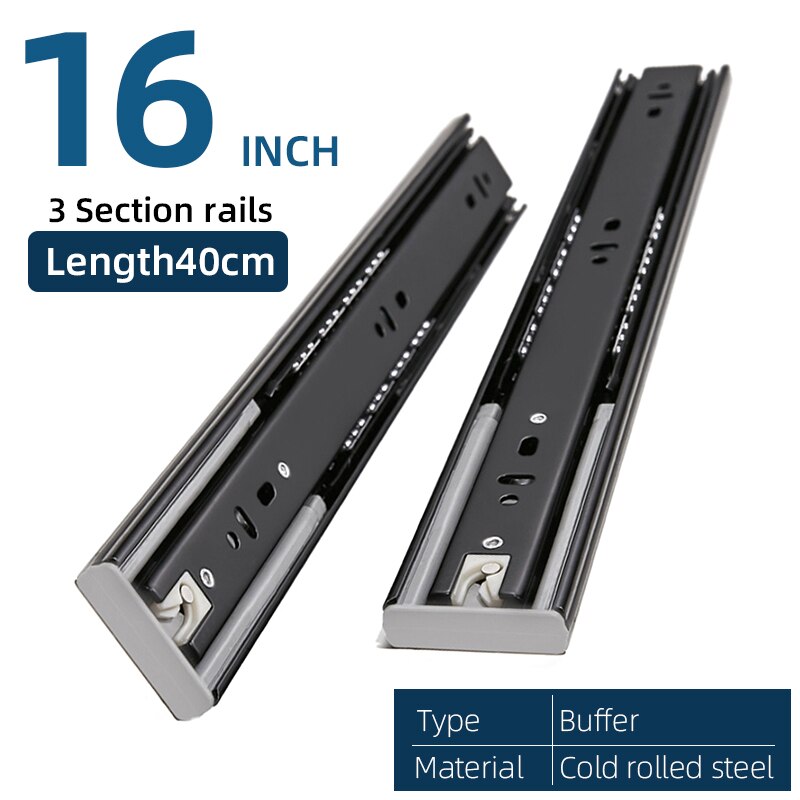 Cabinet Sliding Rail 10"-20"Steel Drawer Slides Soft Close Track Cushioned Silent Closing Three Section Sliding Rails Axis Slide: Buffer 16 inch 40cm