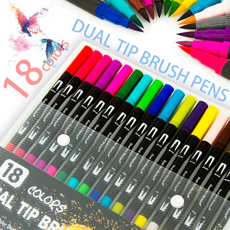 Dual Tips 48/60/72/100 Art Marker Inkt Op Waterbasis Zachte Fijne Borstel Pen Met PP pakket: 18 Colors