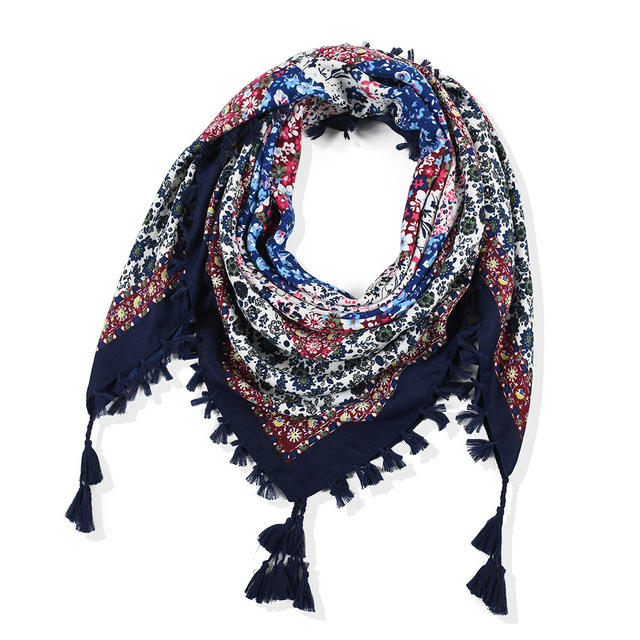 Sjaal Vrouwen Winter Bohemian Vierkante Zakdoek Sjaal Wrap Retro Patroon Kwastje Vrouwelijke Sjaal Grote 115Cm Katoen Foulard Bloemen: 29