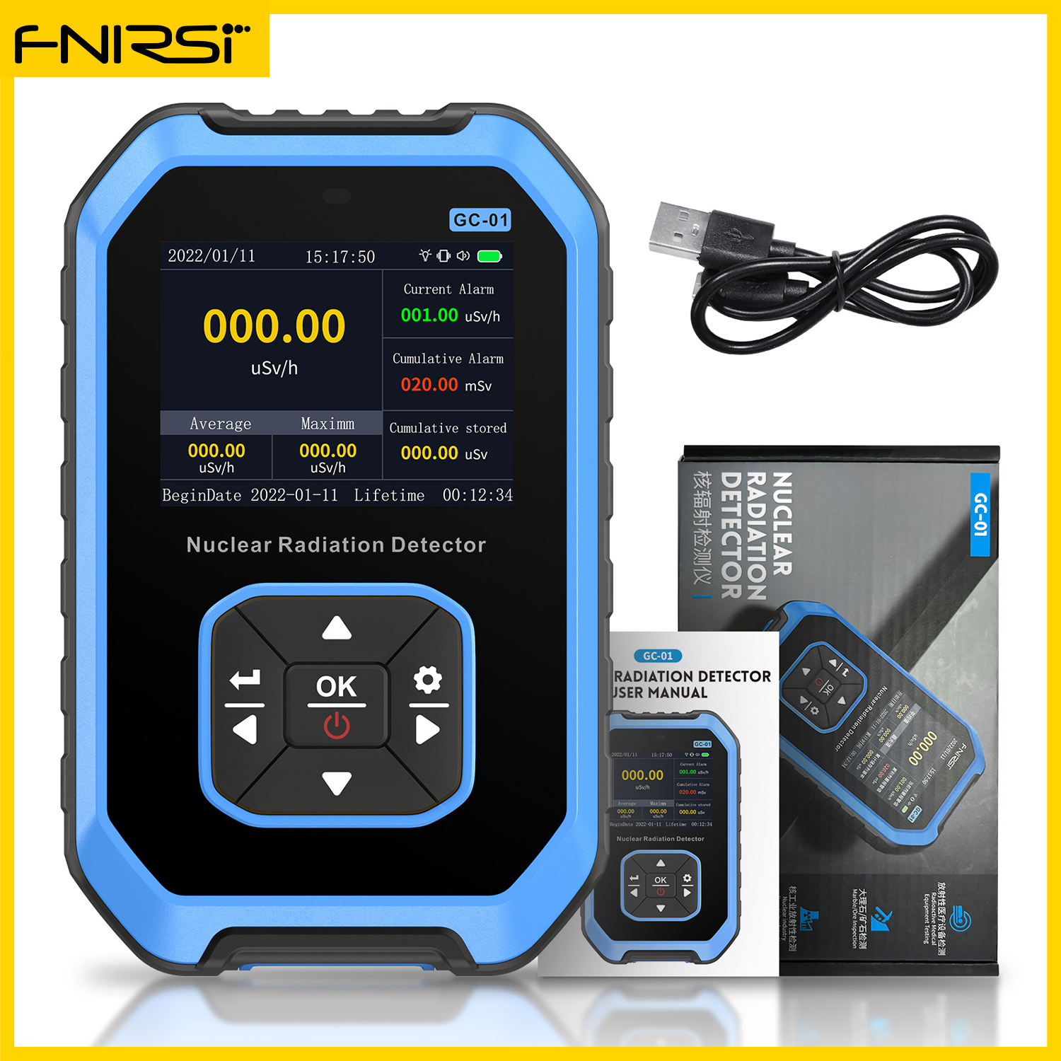FNIRSI GC-01 Geiger Counter Nuclear Radiation Detector X-ray Beta Gamma Detector Dosimeter Y-ray β-ray Radioactive Tester: Blue