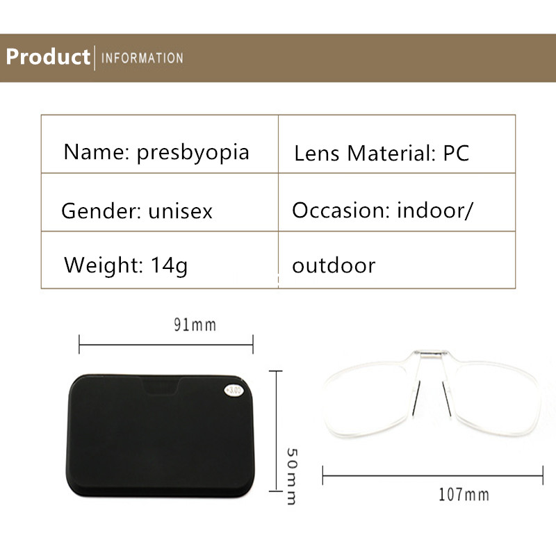 Wallet Mini Sticky Reading Glasses Nose Clip Glasses Magnifying Presbyopia Men Women 1.5 2.5 Transparent Black Portable Case