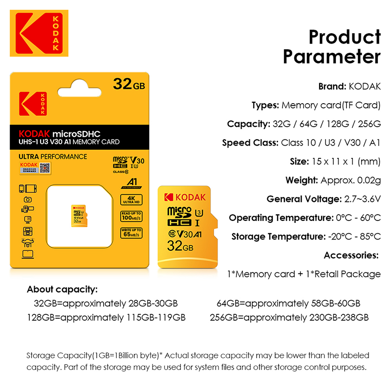Kodak-Tarjeta de memoria Flash Micro SD, 128GB, 256GB, U3, A1, 32GB, 64GB, TF, 4K, Clase 10, U3, UHS-I, 16GB