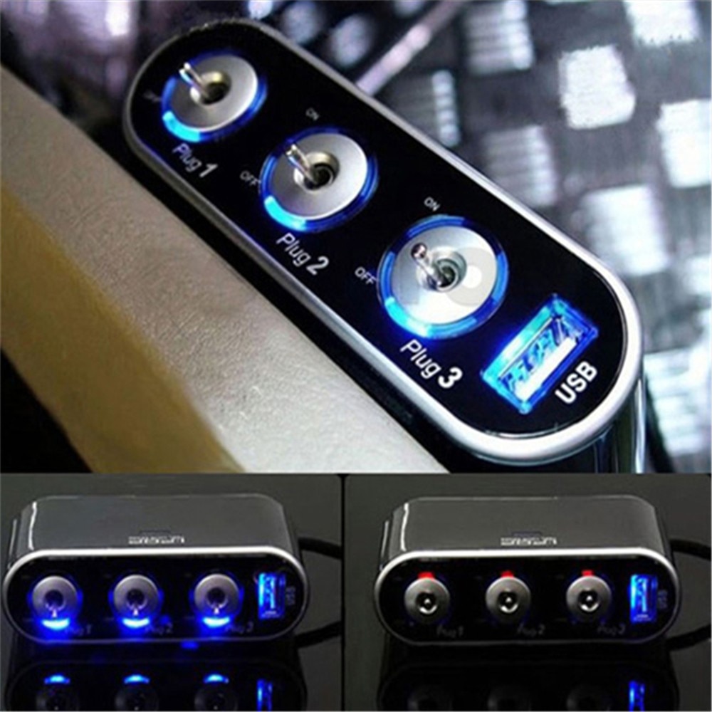 Duurzame Auto Laders Mini Usb Autolader Switch 3 Way Triple Sigarettenaansteker Splitter Led Light Switch