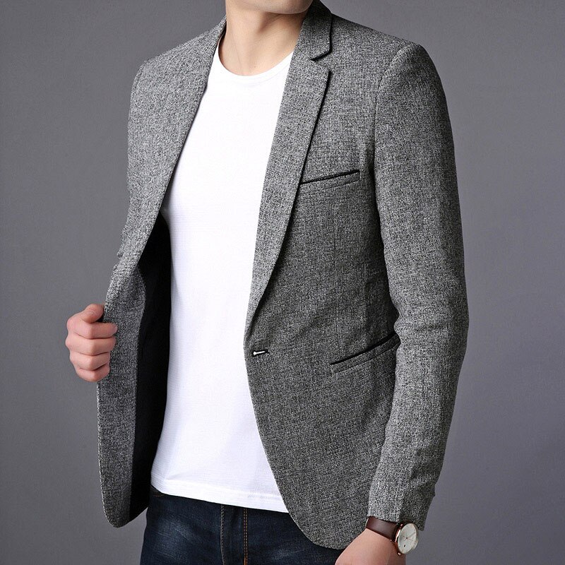 Mærke blazer jakke mænd enkelt knap slim fit jakkesæt koreansk sort kjole jakke fest afslappet herre tøj: Grå / L