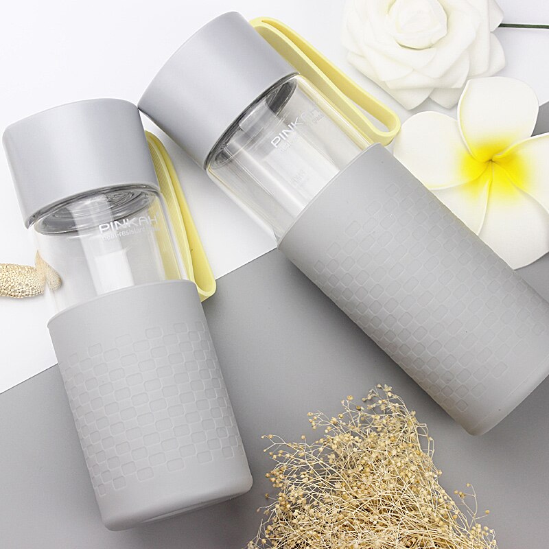 Pinkah glas vattenflaska bpa fri hög borosilikat glas tekopp läckagesäker bärbar med skyddande silikonfodral 400/500ml