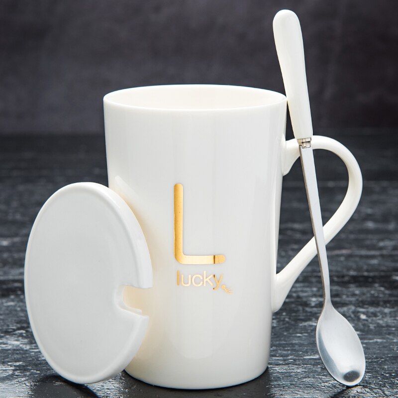 couple ceramic mug with lid spoon trend men and women household drinking cup personality milk coffee tea cup cup: A