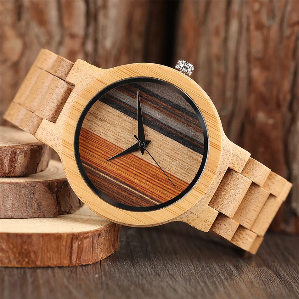 Bamboe Hout Horloge Voor Mannen Trendy Gekleurde Strips Display Mens Houten Quartz Horloge Vouwsluiting Hout Uurwerk