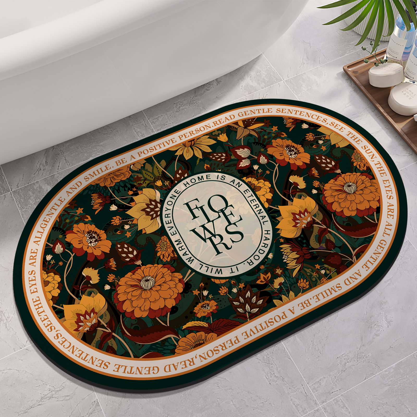 Floral Bathroom Bath Mat Quick Dry Non-slip Foot Mats Super Absorbent Shower Rugs Toilet Pad Doormat Washable