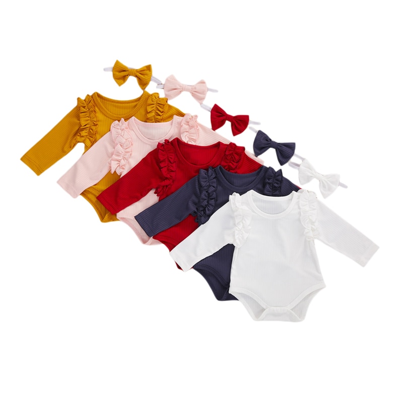 Focusnorm Herfst Baby Meisjes Jongens Bodysuits Hoofdband Ruches Lange Mouwen Knit Solid Jumpsuits 2 Stuks 5 Kleuren