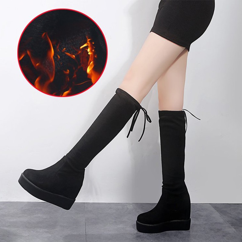 hiver femmes genou bottes compensées hauteur augmentant dames daim lacer plate-forme femme talon épais chaussures