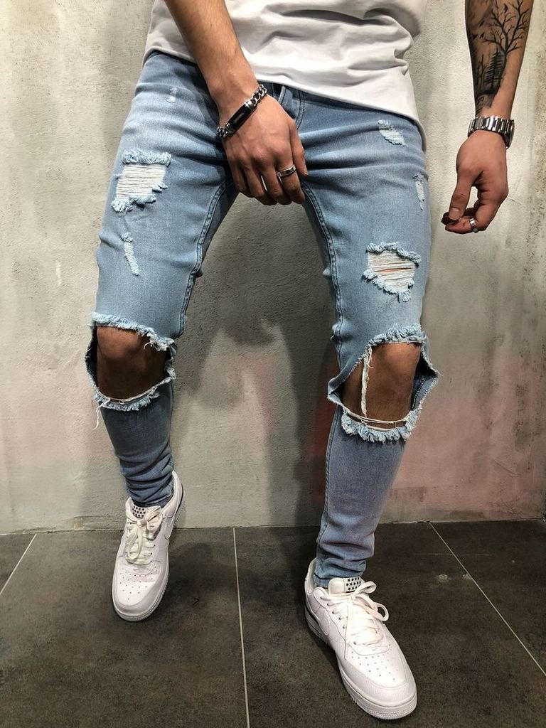 Brand Slim Fit Ripped Jeans Men blue & black Hi-St... – Grandado