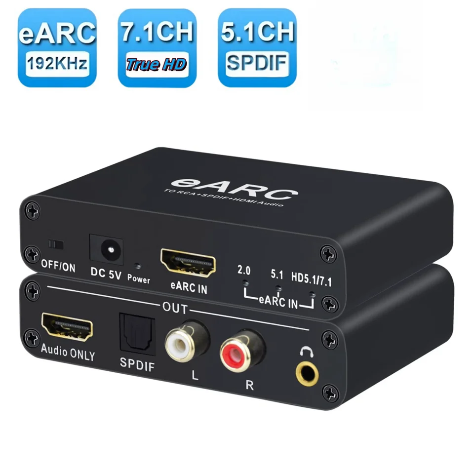 192Khz HDMI eARC ARC Audio Extractor eARC to RCA Audio Converter Digital to Analog Adapter For DTS Dolby Atoms AC3 LPCM Fiber