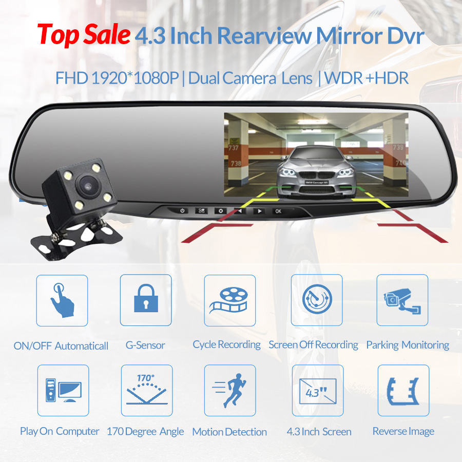 4.3 Inch Auto Achteruitkijkspiegel Auto Spiegel Video Fhd 1080P Auto Dvr Camera Achteruitkijkspiegel Digitale Video Recorder dual Lens Dashcam