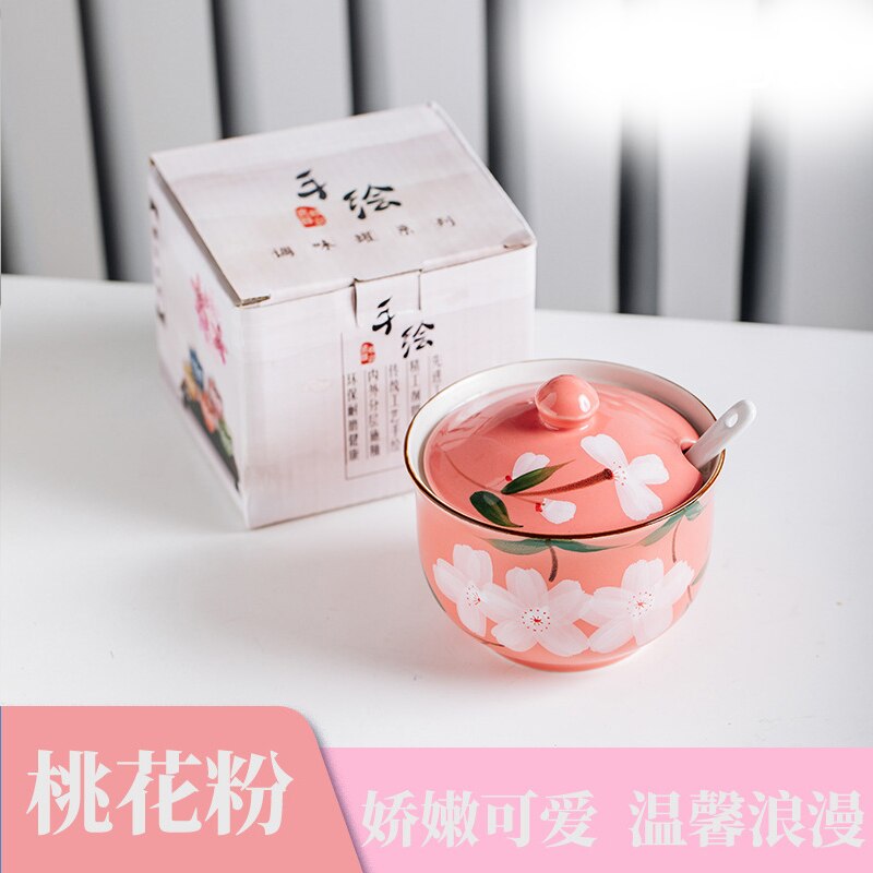 Tanque de condimentos de cerámica con forma de gato de dibujos animados japoneses, cuchara de cerámica, salero, tarro de especias, accesorios de cocina, caja: Pink Flowers