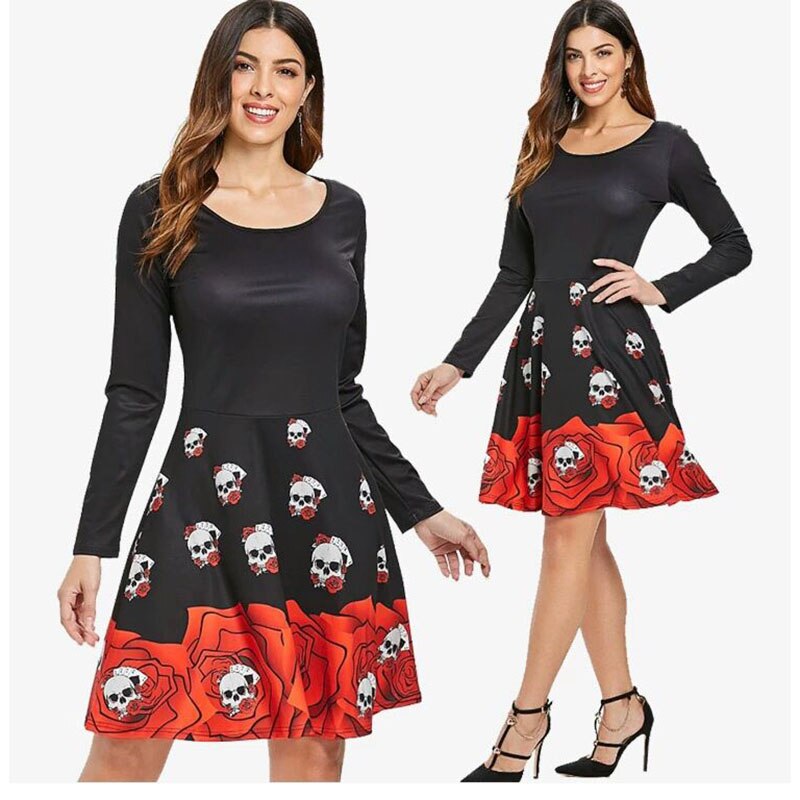 Volwassen Lente Herfst Halloween Dress Kostuum Voor Vrouwen Kerst Mode Schedel Rose 3D Print Lange Mouw Jurk Vrouwelijke Dames 2XL