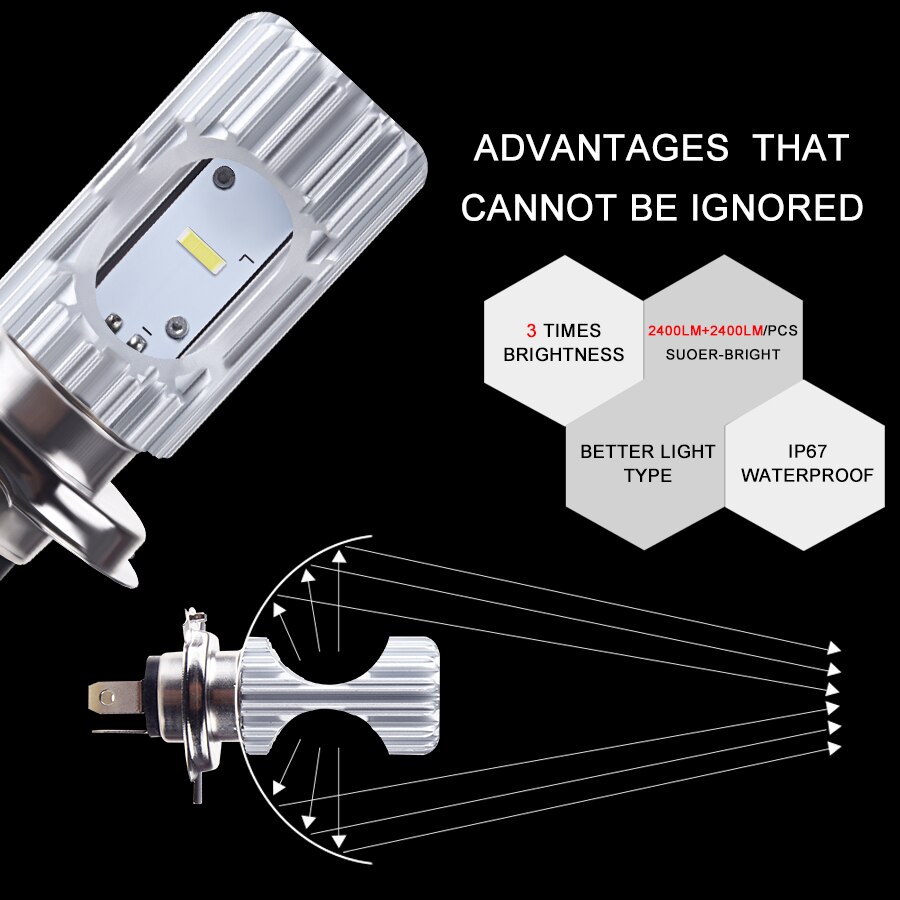Bombilla led para motocicleta Ba20d, Faro de 12v, 40w, h4, 6500K, 4800LM, haz hi/lo, Universal, h4, Hs1, 2 uds.
