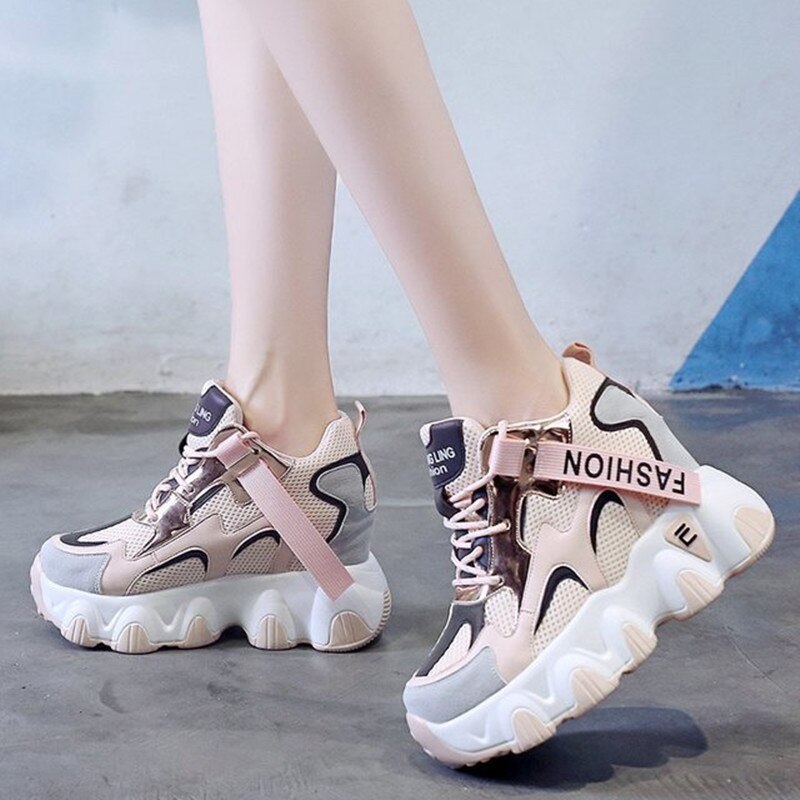 Women Platform Chunky Sneakers Mesh Designers Lace Up Shoes Woman Autumn 8cm High Vulcanized Shoes Ladies 34-39