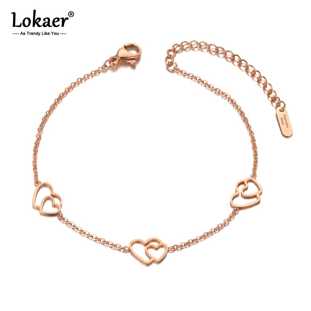 Lokaer Moda CZ Cristal Double Heart Charme Pulseiras Para As Mulheres de Aço Inoxidável Chain & Ligação Pulseira Vertente Jóias B20065