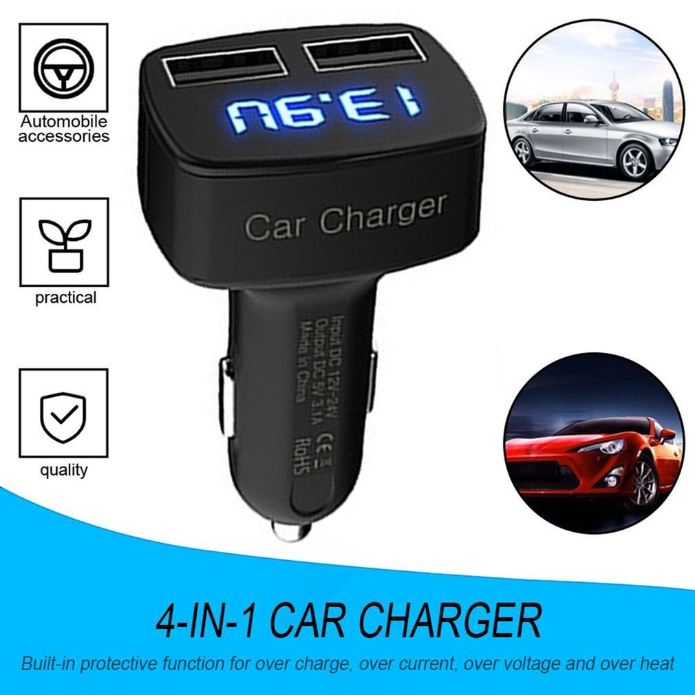 4- -in- -1- doppel-usb-autoladegerät mit digitaler led-anzeige  dc 5v 3.1a universaladapter mit spannungs-, temperatur- und strommessgerät