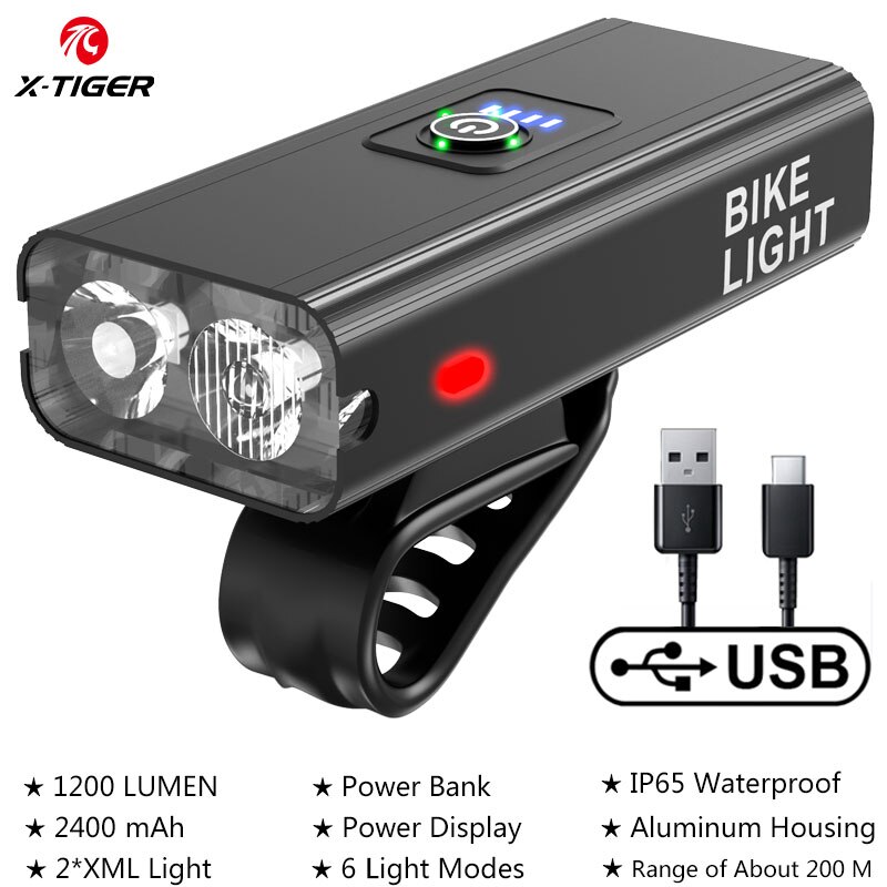 X-TIGER Bike Light 1800 Lumens MTB Road Bike Front Lamp Bike Accessories Rainproof USB Rechargeable LED Bike Flashlight: QD-0202