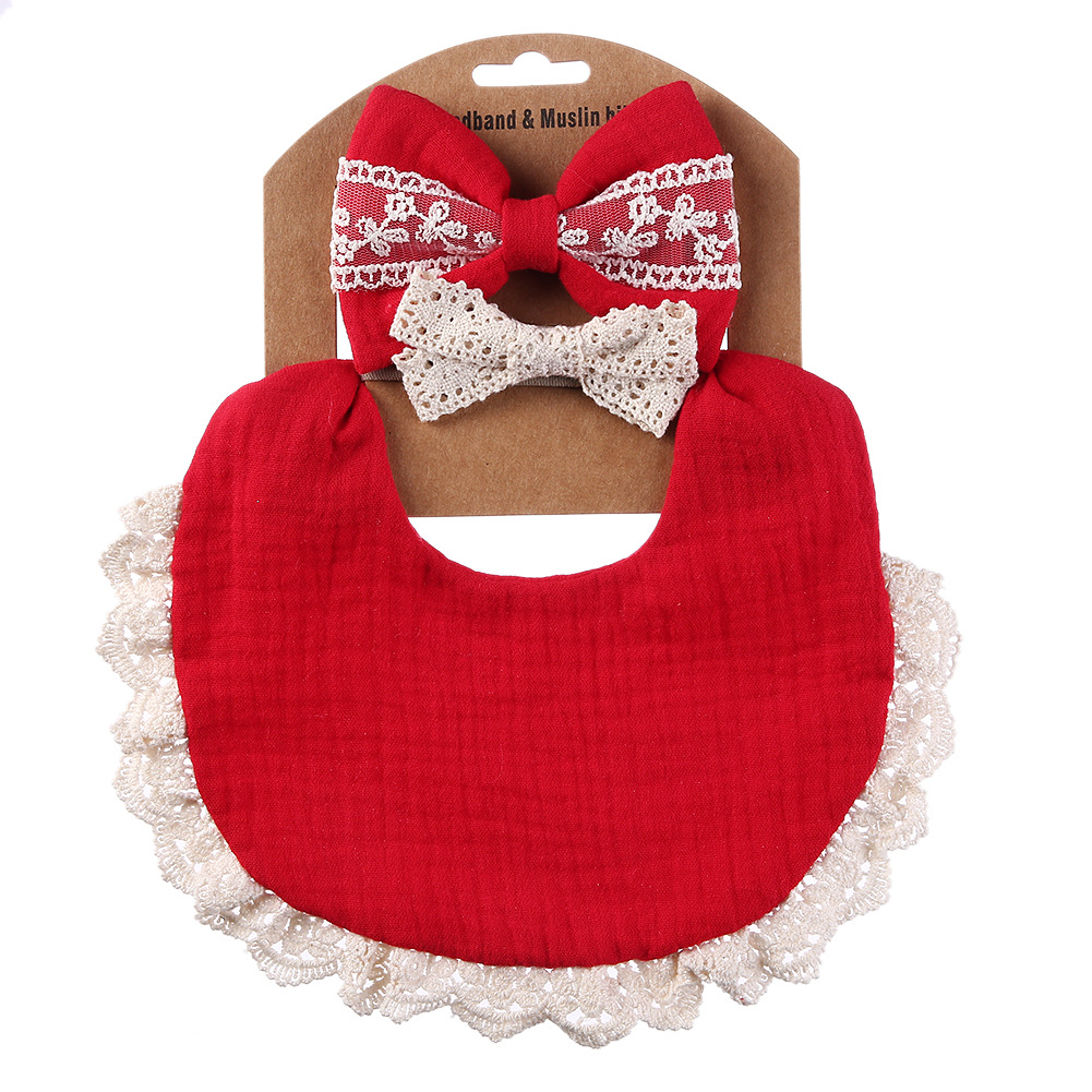 Babyvoeding Kwijl Bib Kant Hoofdband Set Zachte Katoen Speeksel Handdoek Burp Doek Voeden Kwijlen Slabbetjes Schattige Kinderen Haar Accessoires: Rood