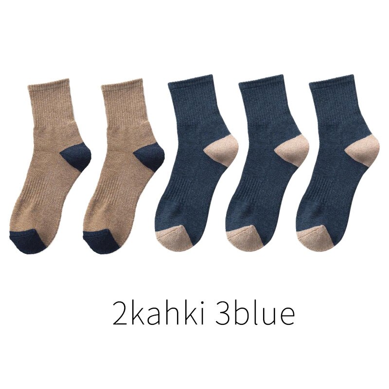 5 paar japanse katoenen herensokken dikke badstof lange sokken heren zakelijke herfst winter warme sokken calcetines meias: 2 kahki 3 blauw
