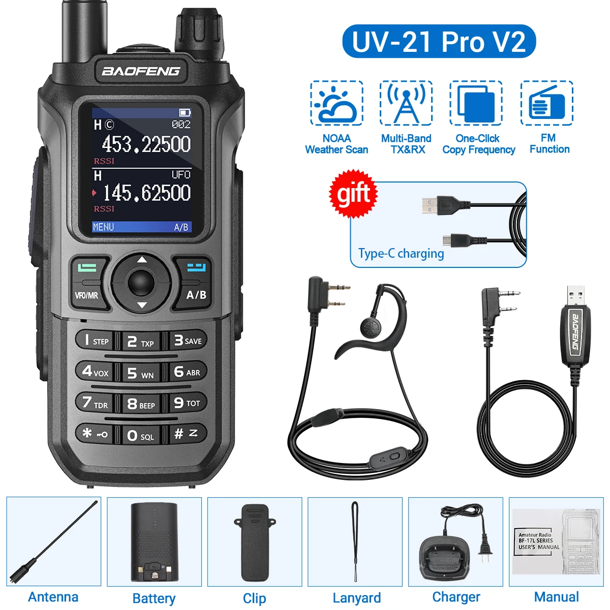 Baofeng UV-21 Pro V2 Wireless Copy Frequency Mutli Band Powerful Waterproof Long Range UV-5R Long Range Type-C Two Way Ham Radio: black / EU
