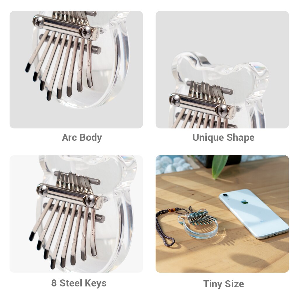 Kalimba Clear Mini Kalimba Crystal 8 Key Portable Mbira Finger Piano Best for Kids Beginner (Bear-shaped Crystal)