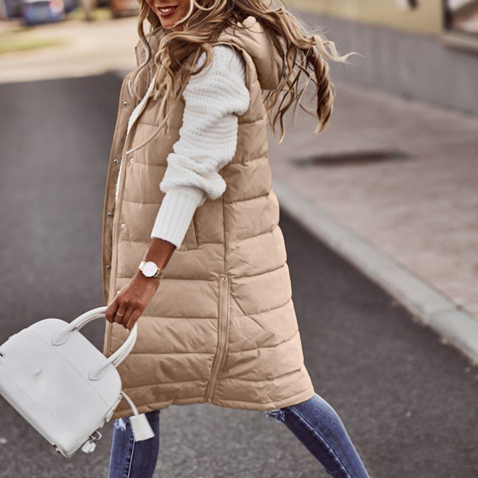 Winter Women's Long Quilted Jacket With Hood Outdoor Sleeveless Down Vest Winter Warm Quilted Coat With Pockets Thermal Parka: S / Champagne