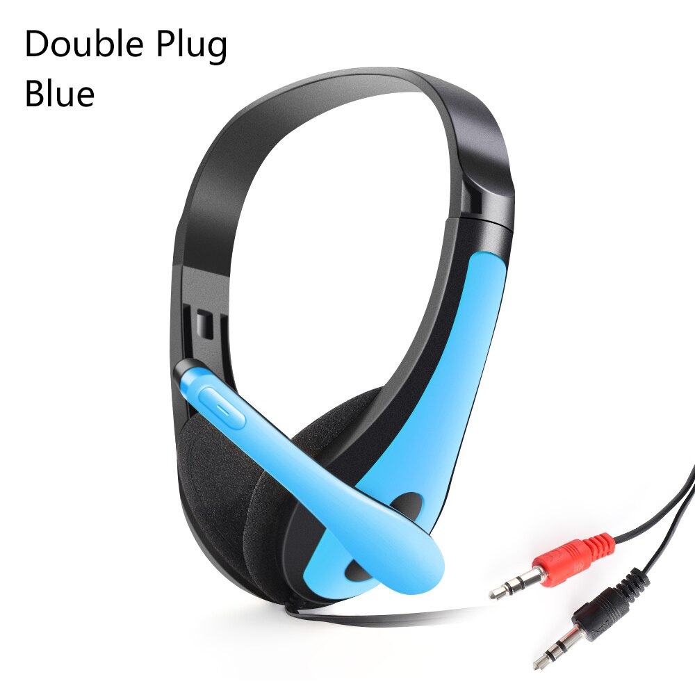 1PC 3.5mm Microphone Headset Noise Cancelling Stereo Headset Head Headphone Earphones For PC Computer Phone: blue Double Plug