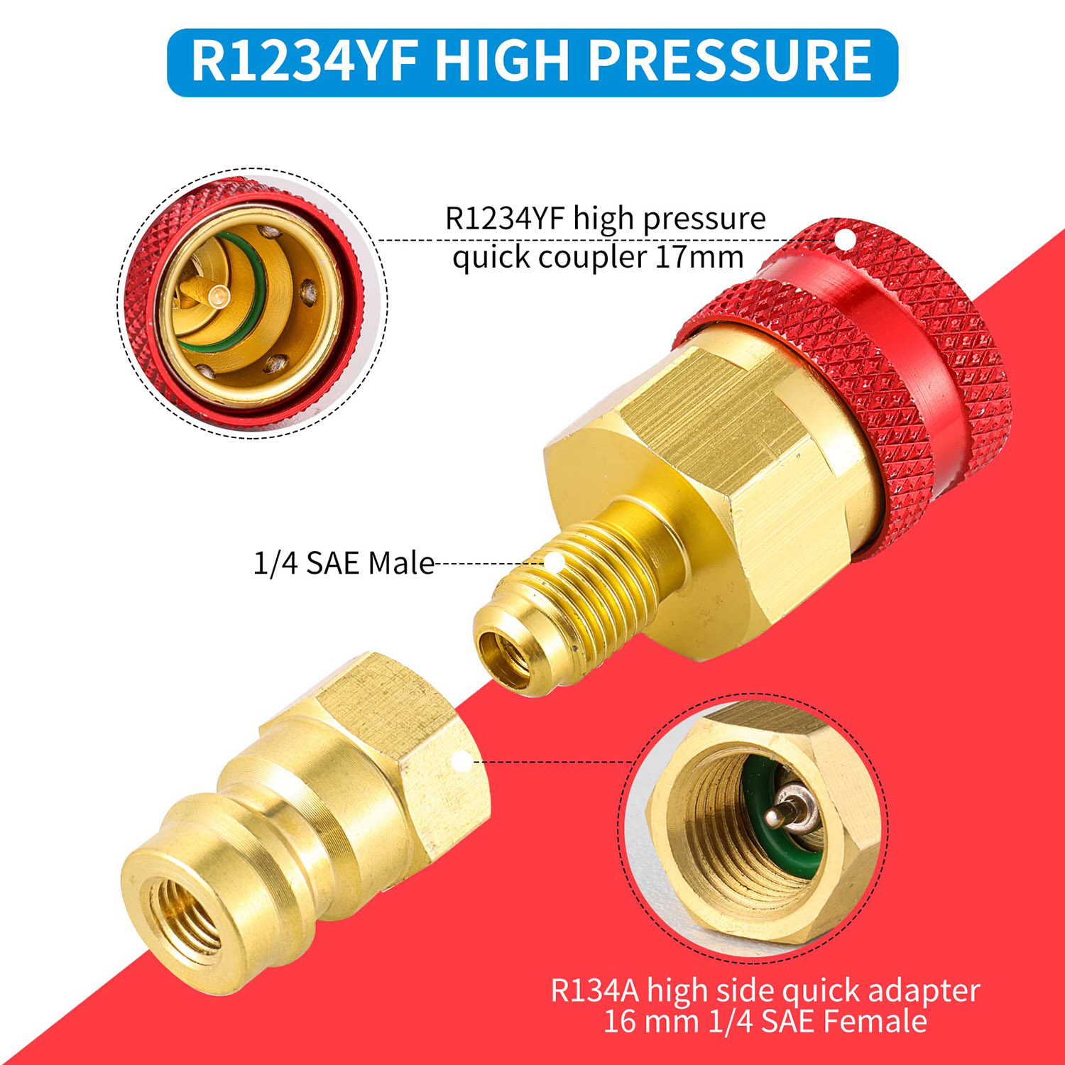 R1234YF Quick Coupler Adapter R1234YF Refrigerant Quick Couplers Kit,R1234YF to R134A Hose Adapter High and Low Side