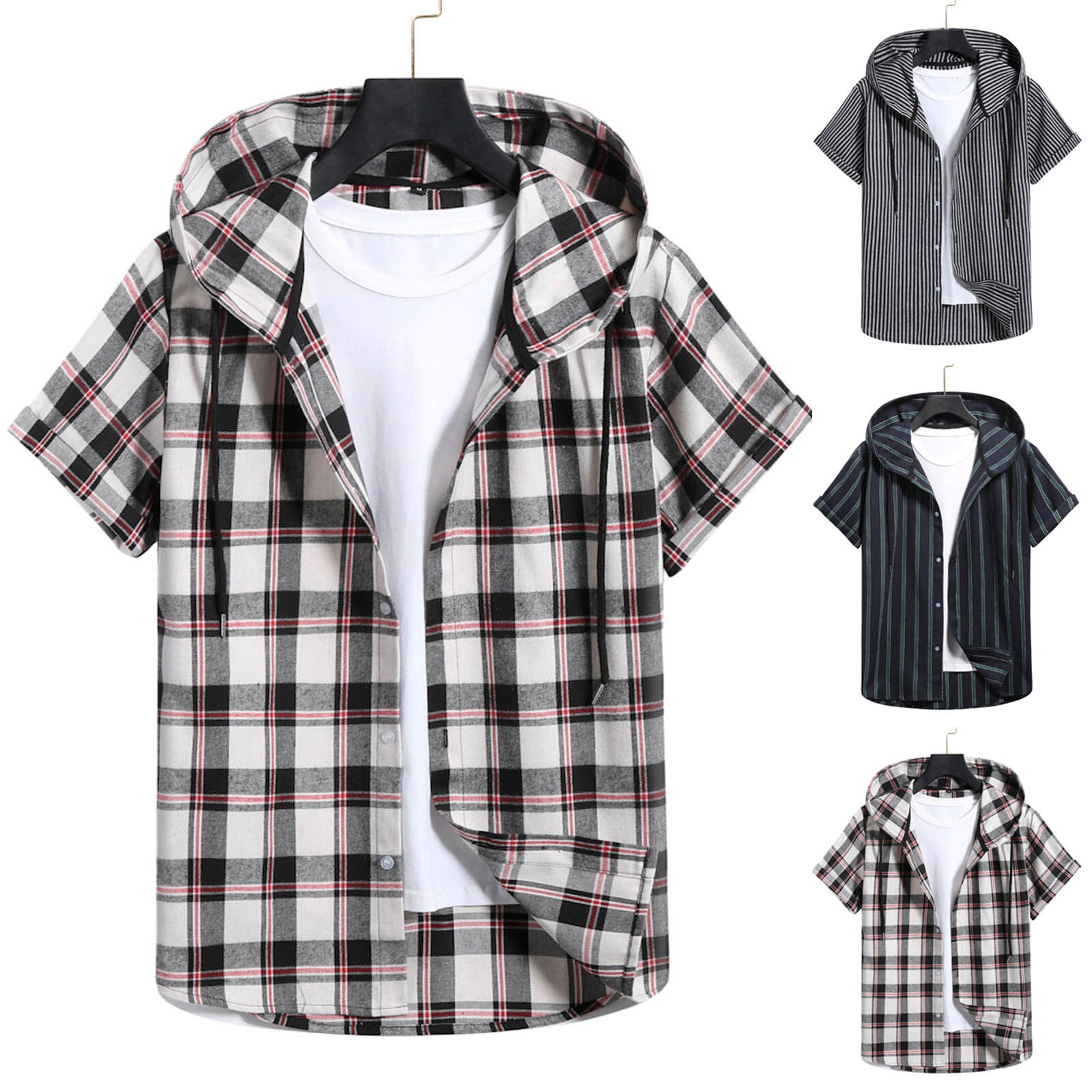Summer Shirt For Men Spring Casual Dress Shirt Clothes Slim Plaid Short Sleeve Shirts Hooded Shirts Top Blouse рубашка мужская