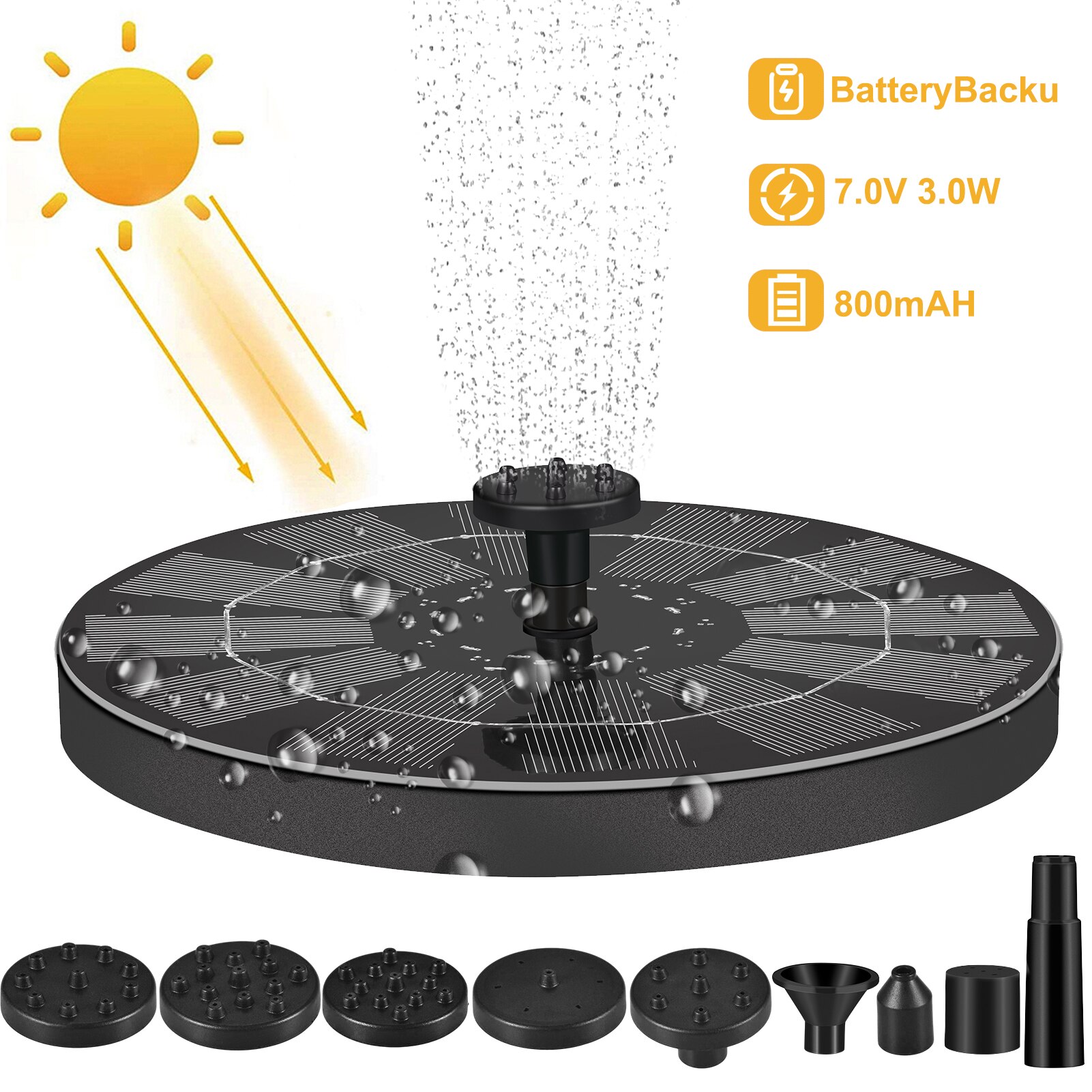 3W Solar Fountain Water Pump 12 LED Lights Bird Bath Fountain With 7 Nozzles: 3W