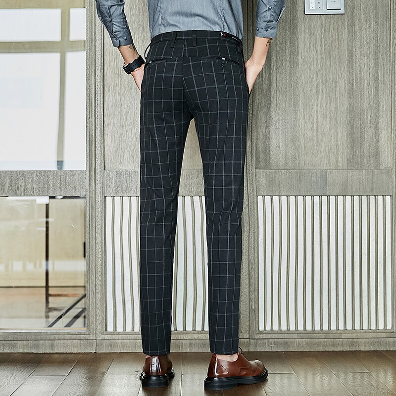 Otoño Invierno traje de negocios para hombres pantalón gris a cuadros Casual Slim Fit vestido pantalones Formal pantalones de boda Pantalon Homme