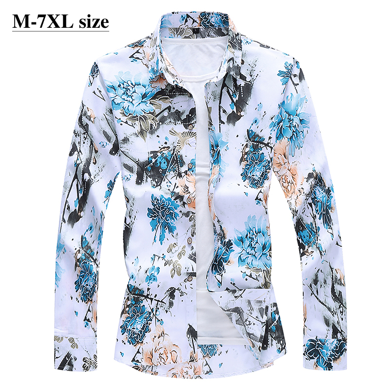 Efterår langærmet blomsterskjorte til mænd i kinesisk stil tryk business slim fit fritidsskjorter plus størrelse 5xl 6xl 7xl