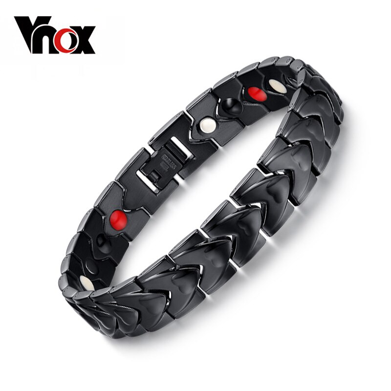 Braceletes de aço inoxidável pretos dos cuidados de saúde de vnox com o infravermelho distante negativo do germânio do íon do ímã