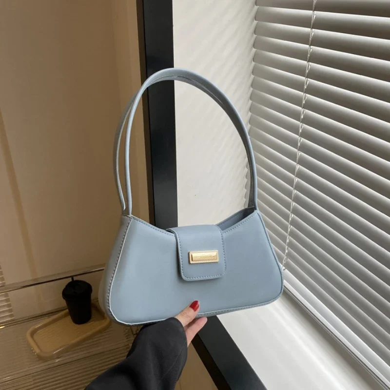 Minimalist Shoulder Bag for Women Simple Solid Color Underarm Bag Buckle Handbag and Purse Small Top-handle Bags: Blue